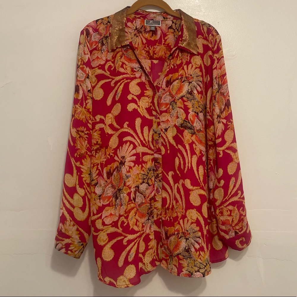 JM COLLECTION Women Button Down Shirt Berry Floral Multi Color Long Sleeve 18W